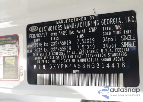 2017 Kia Sorento 3.3L Sx z USA, uszkodzony, nr VIN 5XYPK4A53HG314418